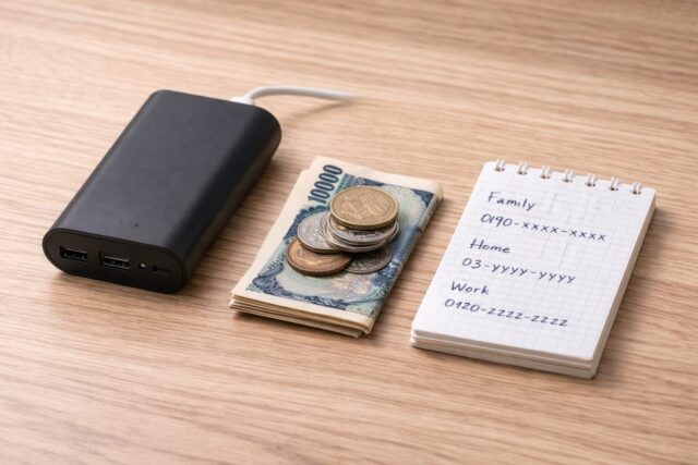 0次防災ポーチに入れるモバイルバッテリー・現金・連絡先メモ