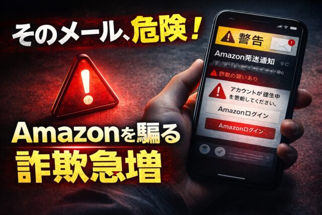 スマホに届いたAmazonを装う詐欺メールと警告イメージ