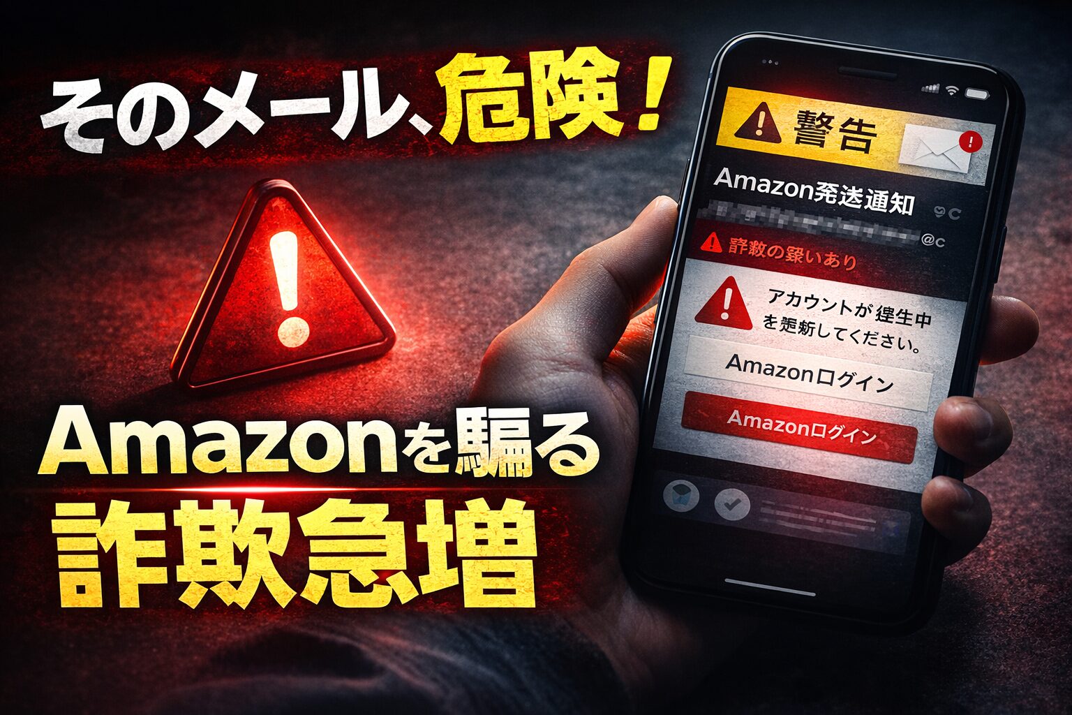 スマホに届いたAmazonを装う詐欺メールと警告イメージ
