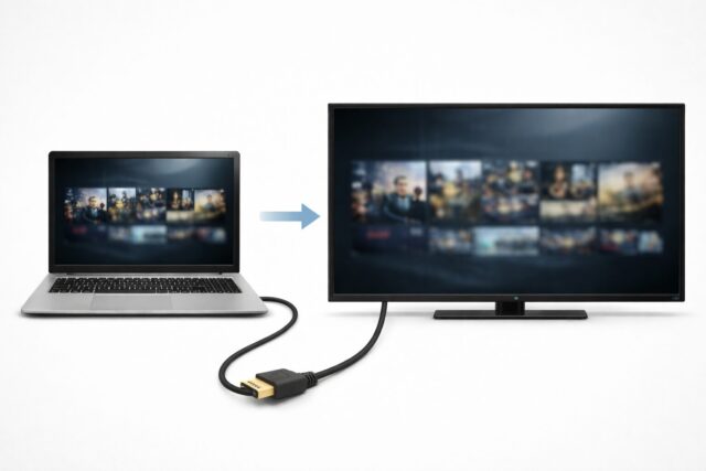 ノートパソコンをHDMIでテレビに接続するイメージ