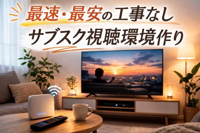 最速・最安で工事不要のサブスク視聴環境を整えるイメージ。リビングのテレビとWi-Fiルーター、リモコン、コーヒーが置かれたテーブルが写ったスマートテレビのある部屋の写真。