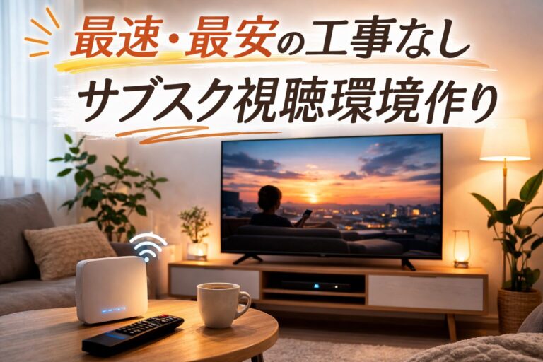 最速・最安で工事不要のサブスク視聴環境を整えるイメージ。リビングのテレビとWi-Fiルーター、リモコン、コーヒーが置かれたテーブルが写ったスマートテレビのある部屋の写真。