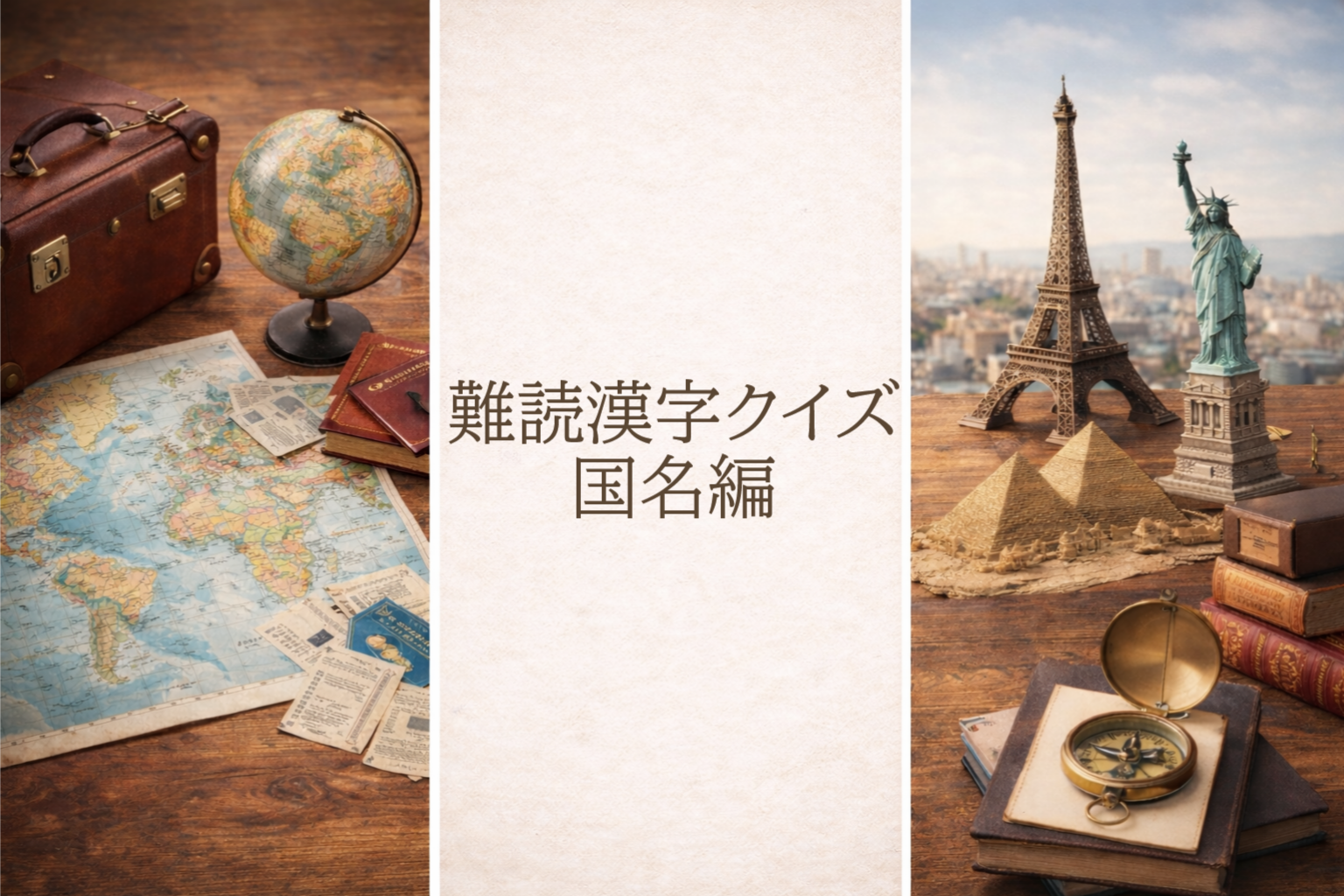 難読漢字クイズ国名編のアイキャッチ画像｜世界地図・地球儀・エッフェル塔・自由の女神・ピラミッドをモチーフにしたデザイン