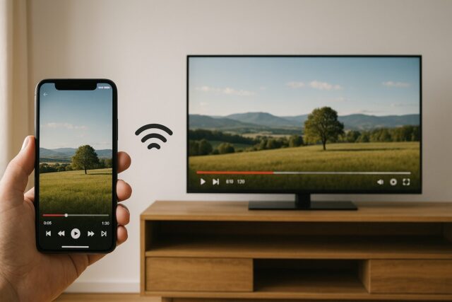 スマホ画面をテレビにミラーリングして動画を表示するイメージ