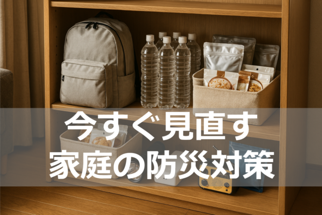 家庭で備える防災用品と防災リュックのイメージ