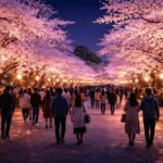 ライトアップされた夜桜の下を多くの人が歩いて観賞している様子
