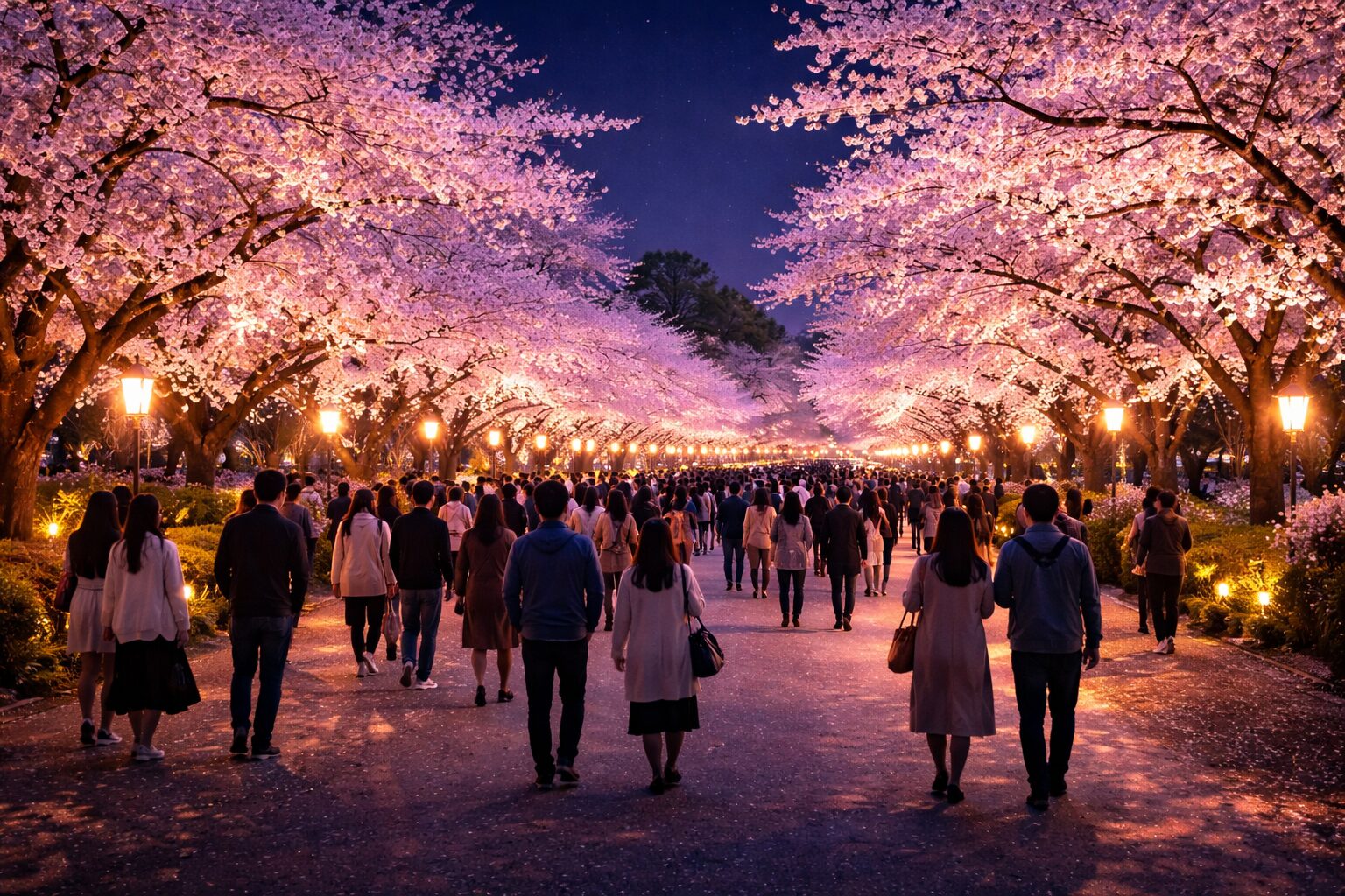 ライトアップされた夜桜の下を多くの人が歩いて観賞している様子