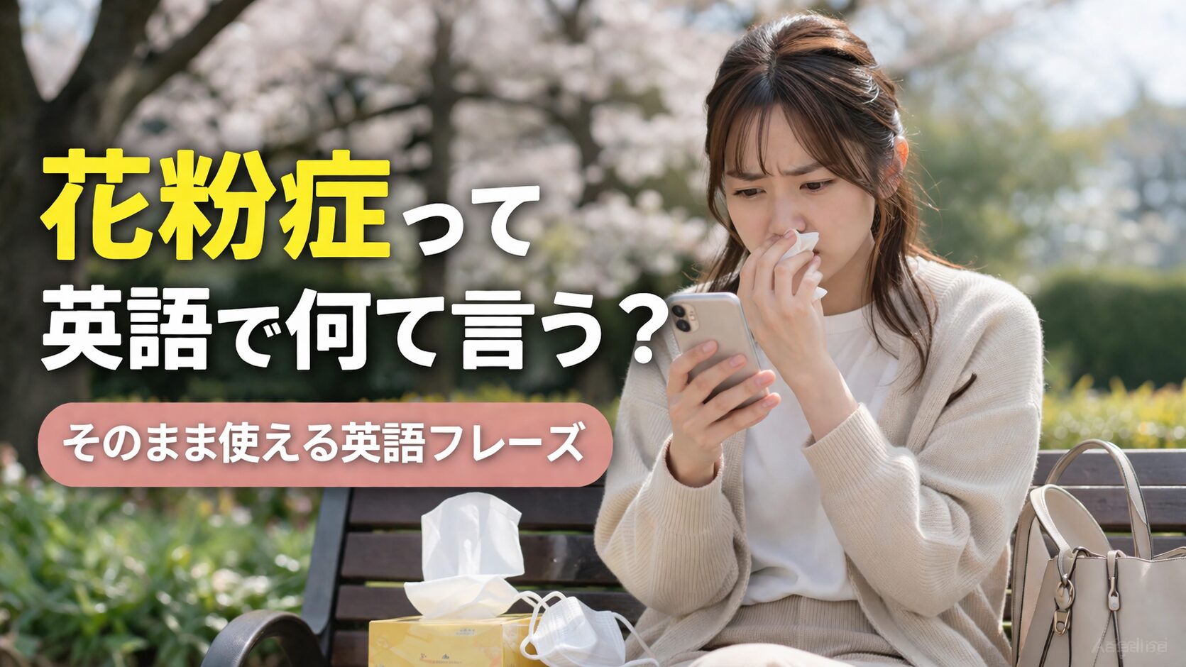 花粉症で困り英語の言い方を調べる女性のイメージ