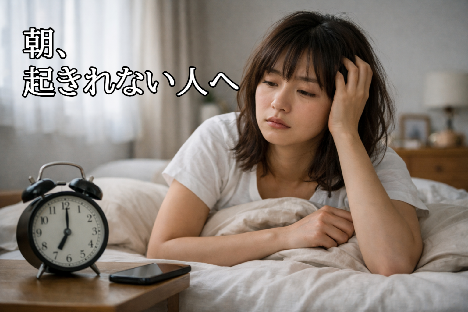 朝起きれない女性がベッドで目覚ましに反応できず困っている様子