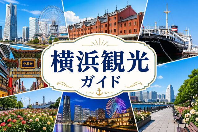 横浜の名所（みなとみらい・赤レンガ倉庫・中華街・山下公園・夜景など）をコラージュし、中央に「横浜観光ガイド」と配置したアイキャッチ画像