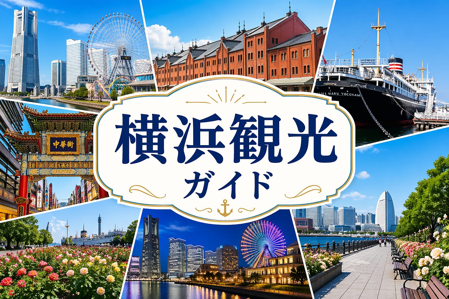 横浜の名所（みなとみらい・赤レンガ倉庫・中華街・山下公園・夜景など）をコラージュし、中央に「横浜観光ガイド」と配置したアイキャッチ画像