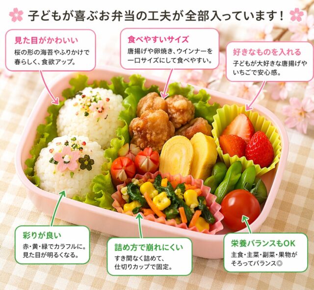 子どもが喜ぶお弁当の例|一口サイズで彩りよく詰めたバランス弁当