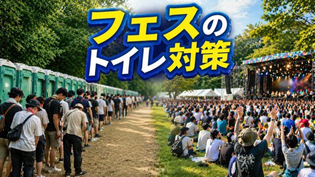 フェスのトイレ行列とライブ会場の対比イメージ