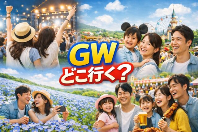 ゴールデンウィークに音楽フェスや花畑、グルメイベント、レジャー施設を楽しむ人々のコラージュ画像