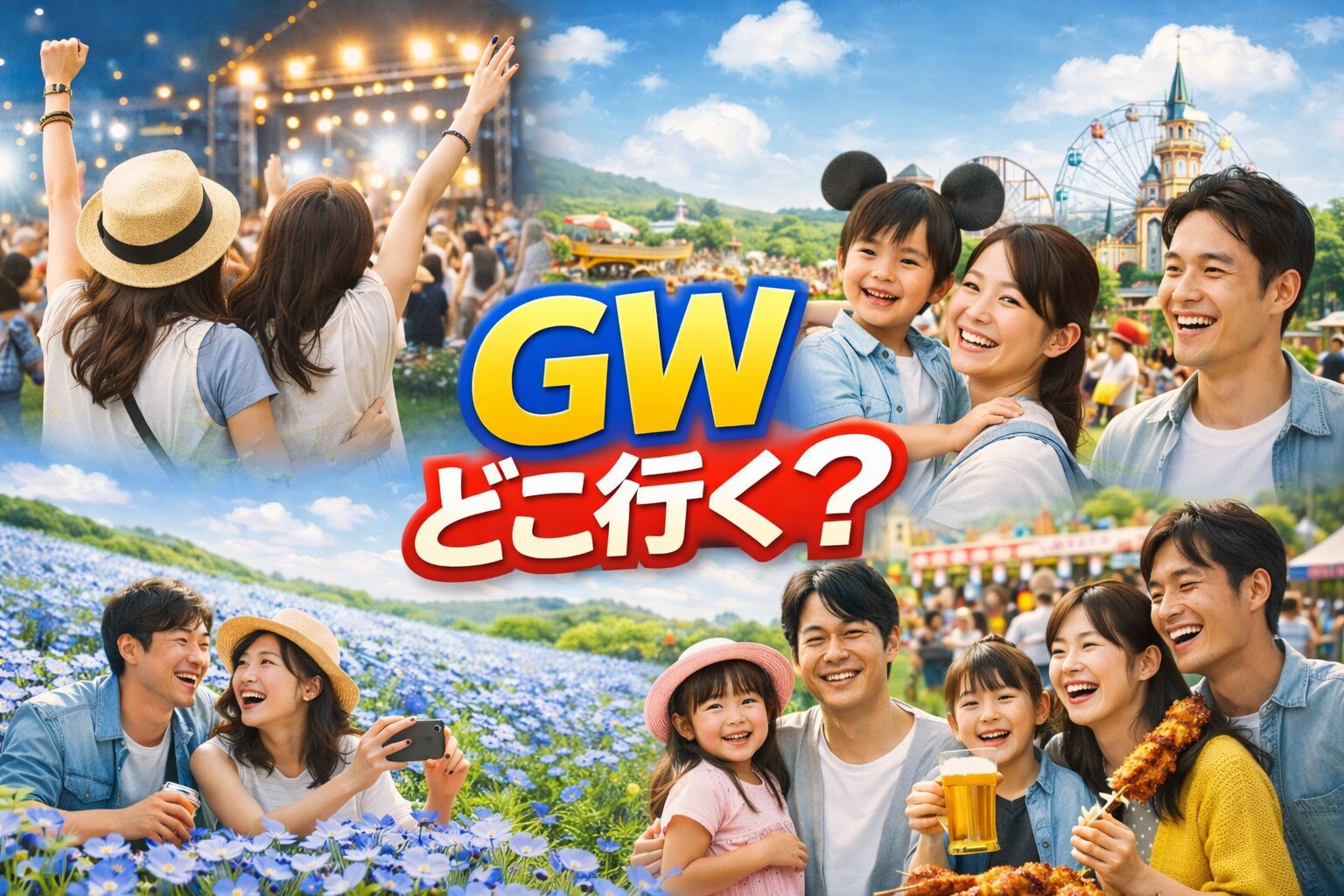 ゴールデンウィークに音楽フェスや花畑、グルメイベント、レジャー施設を楽しむ人々のコラージュ画像