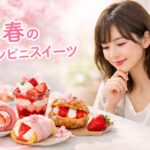 春のコンビニスイーツ（いちご・桜系）を選ぶ女性と複数のスイーツのイメージ