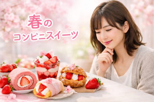 春のコンビニスイーツ(いちご・桜系)を選ぶ女性と複数のスイーツのイメージ