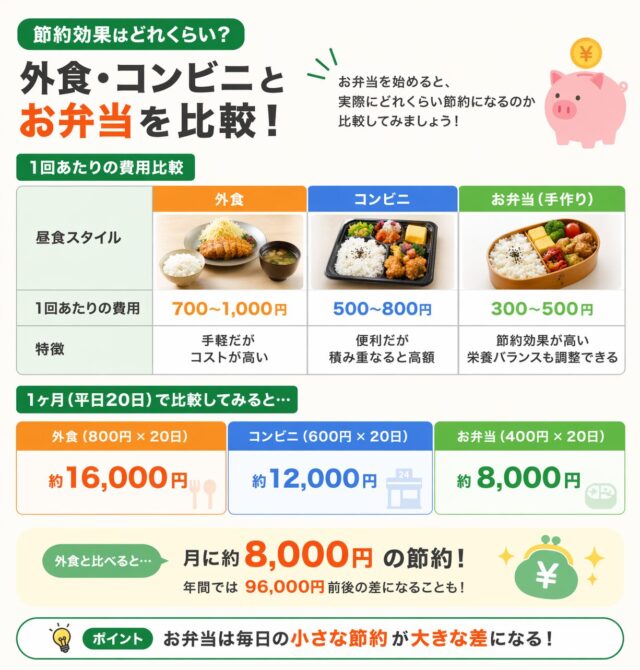 お弁当と外食・コンビニの費用比較|月8000円・年間約10万円の節約イメージ図