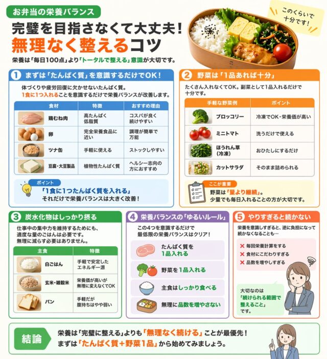 お弁当の栄養バランスの基本|たんぱく質・野菜・主食の整え方と無理なく続けるコツ