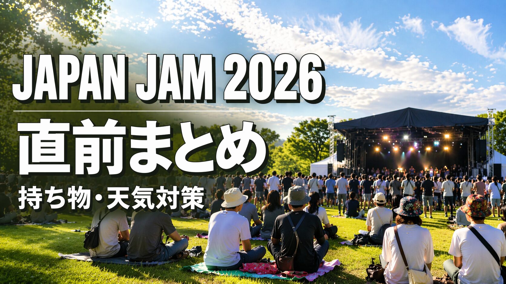 JAPAN JAM 2026の野外フェス会場の様子と観客、持ち物や天気対策を解説する記事アイキャッチ画像
