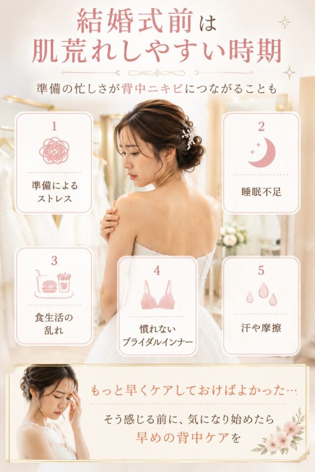 結婚式前に背中ニキビが悪化しやすい原因を解説するブライダル向けインフォグラフィック