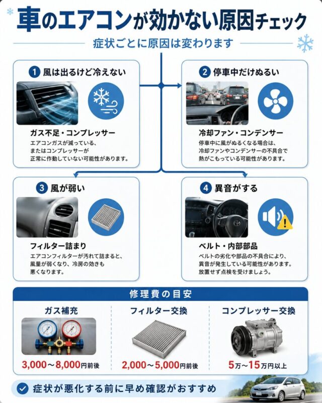 車のエアコンが効かない原因を症状別にまとめたインフォグラフィック