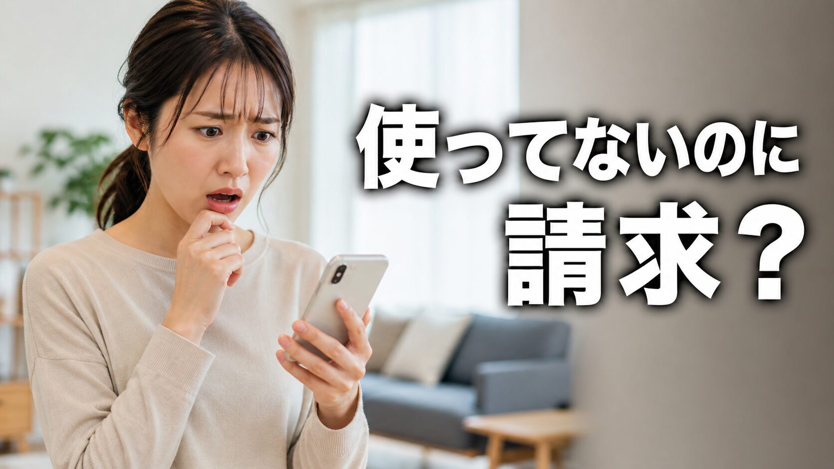 クレジットカードの身に覚えのない請求に驚く女性のイメージ