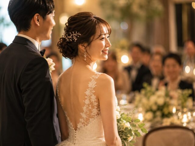 安心した表情でウェディングドレスを着る花嫁のイメージ