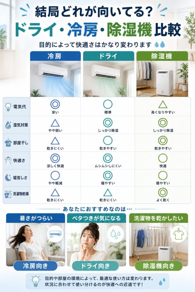 結局どれが向いてるかの比較表 ドライ vs 冷房 vs 除湿機 比較