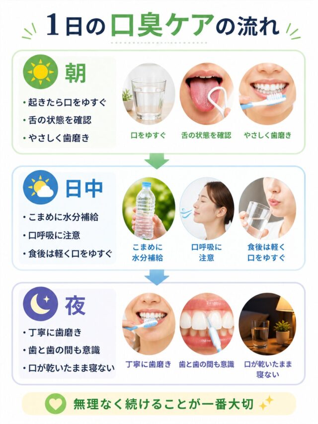 口臭が気になる方のための1日のケア流れ（朝・日中・夜）をまとめた図解
