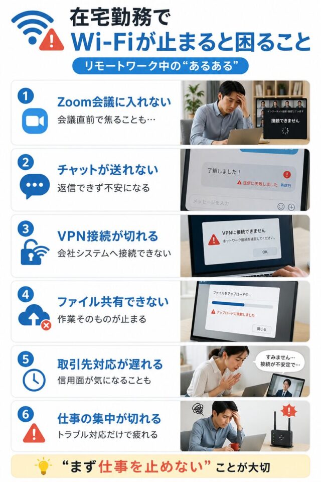 在宅勤務でWi-Fiが止まると困ることの図解