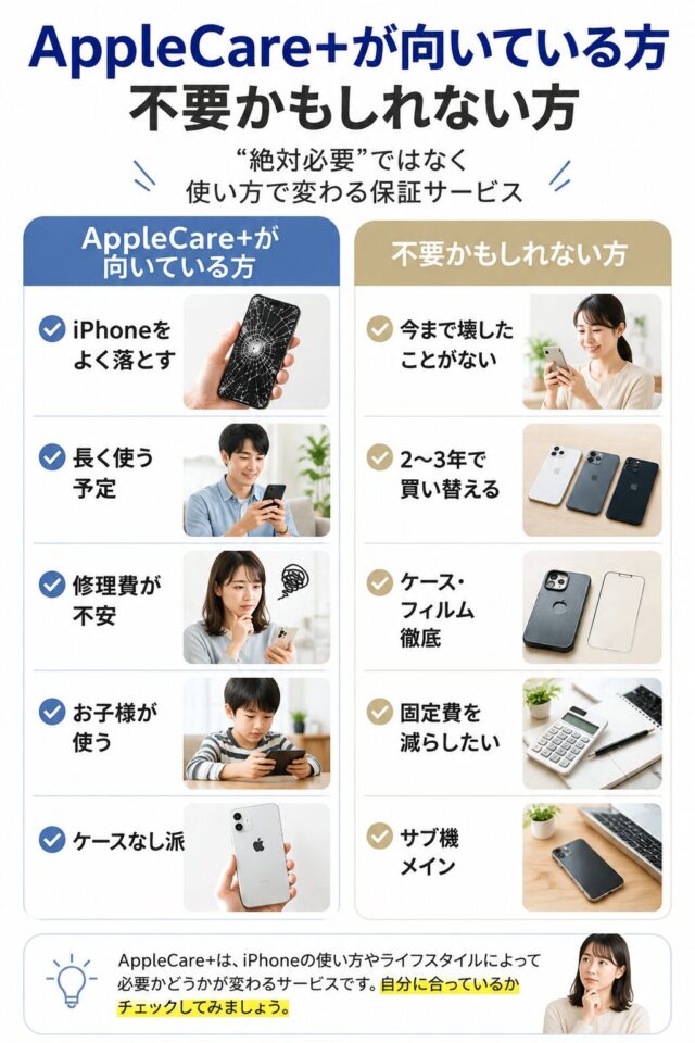 AppleCare+加入が向いている方と不要な方の違い