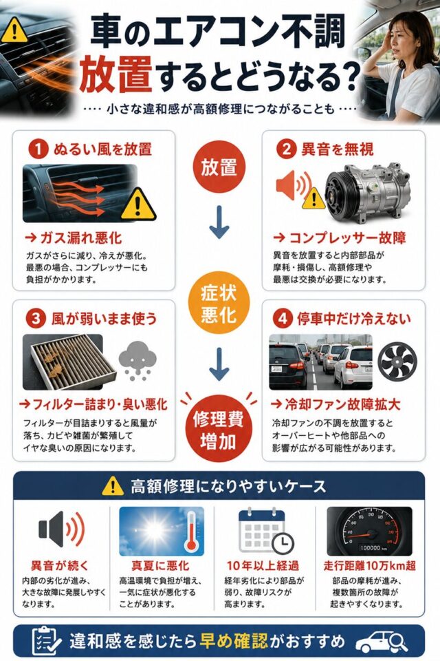 車のエアコン不調を放置するとどうなるかというインフォグラフィック