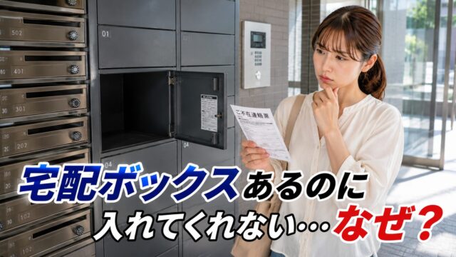 マンションの宅配ボックスに不在評が入っていて訝しむ女性