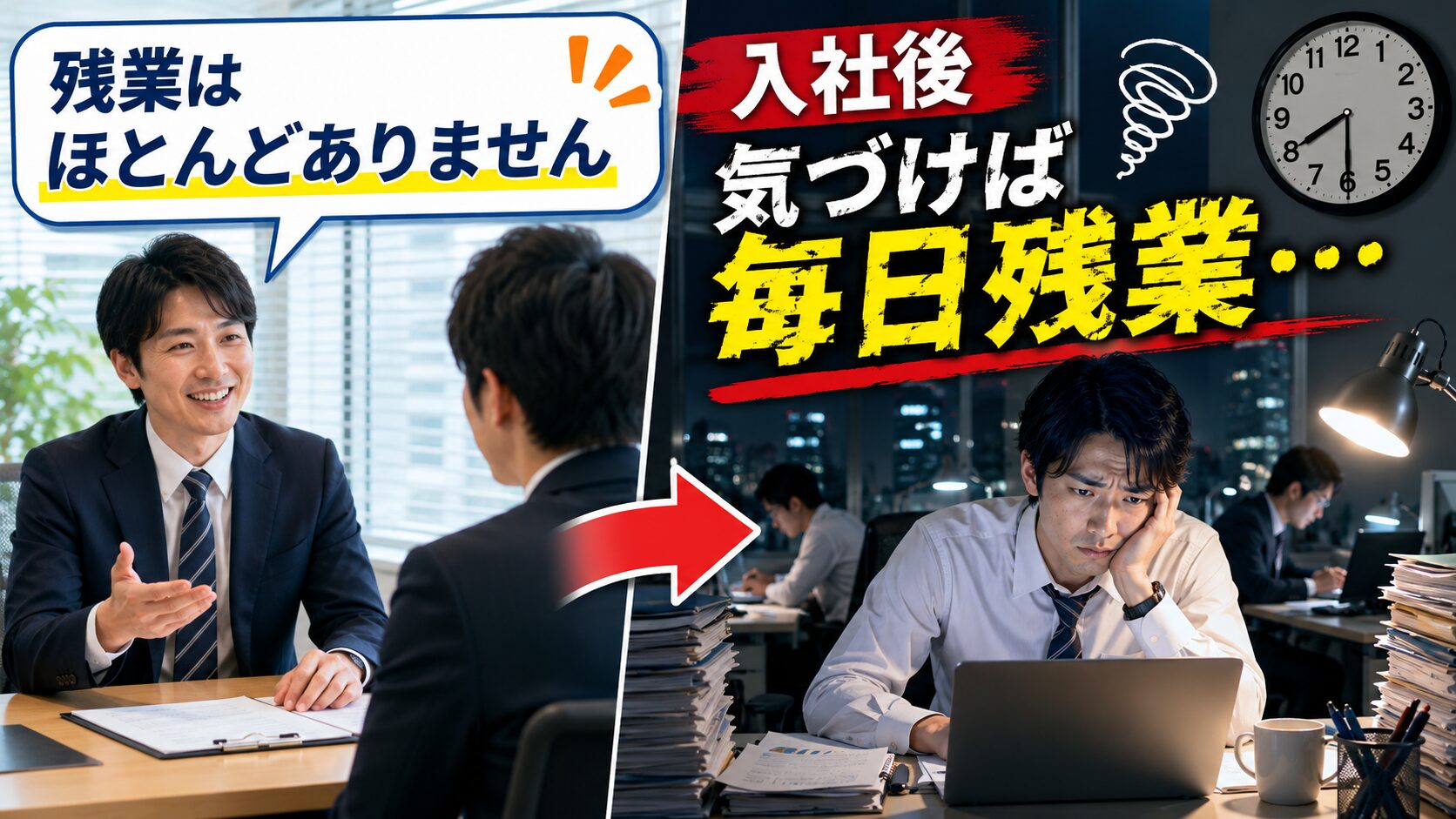 「残業ほぼなし」と聞いて入社したのに毎日残業している男性会社員のイメージ画像