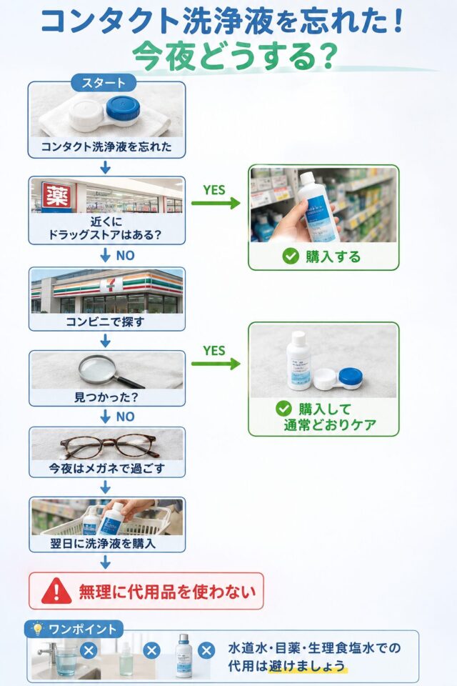 コンタクト洗浄液を忘れて今夜どうするかのフローチャート図表