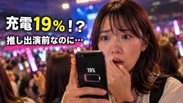 推しの出演前にスマホの充電が少なくなって焦る女性