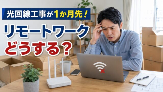 新居で光回線工事を待ちながらノートパソコンを使う様子