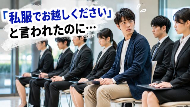 面接会場で私服の応募者だけが周囲のスーツ姿を見て戸惑っている様子