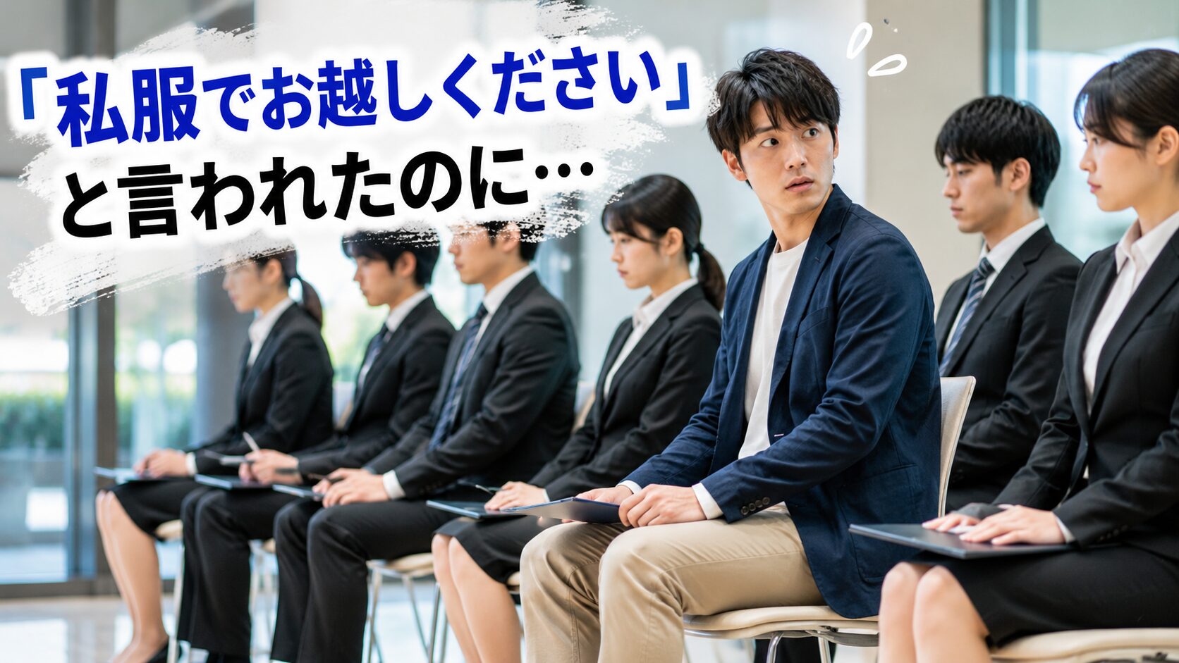 面接会場で私服の応募者だけが周囲のスーツ姿を見て戸惑っている様子