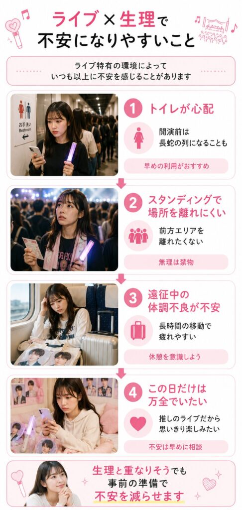 ライブで生理が重なると不安な理由を説明したインフォグラフィック
