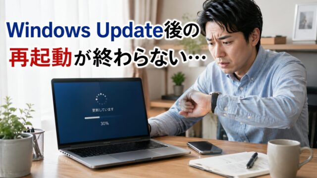 再起動が終わらないPCの前で困惑する男性