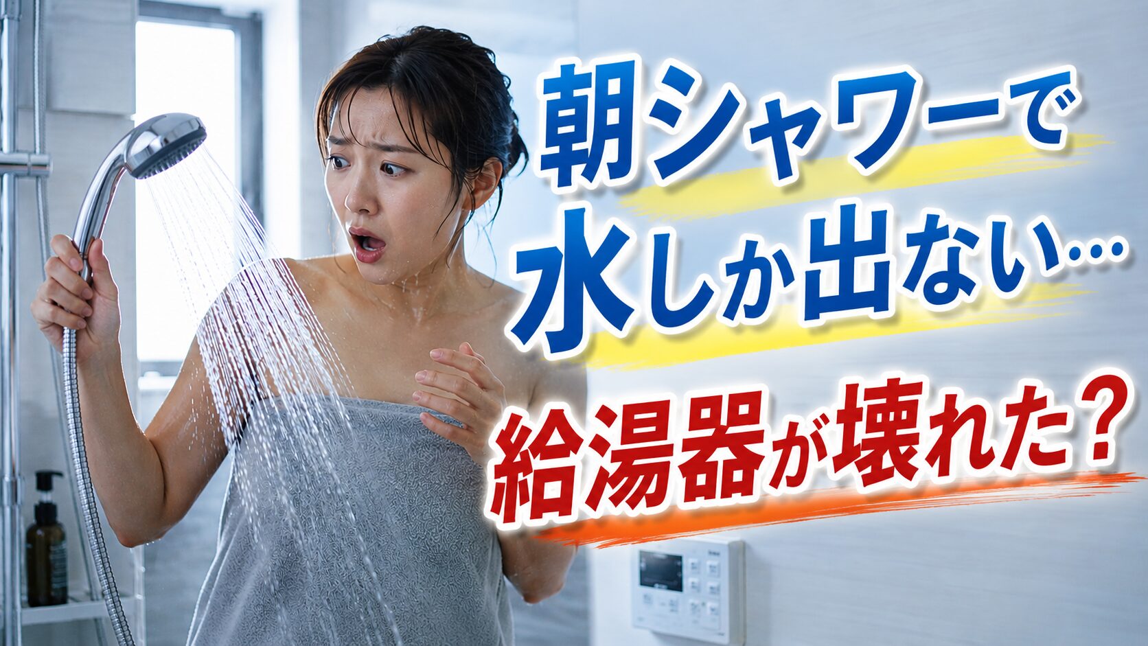 朝のシャワーで水しか出なくて驚いている女性