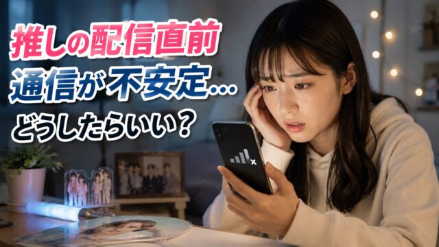 推しの配信直前にスマホの通信が不安定になり困っている女性