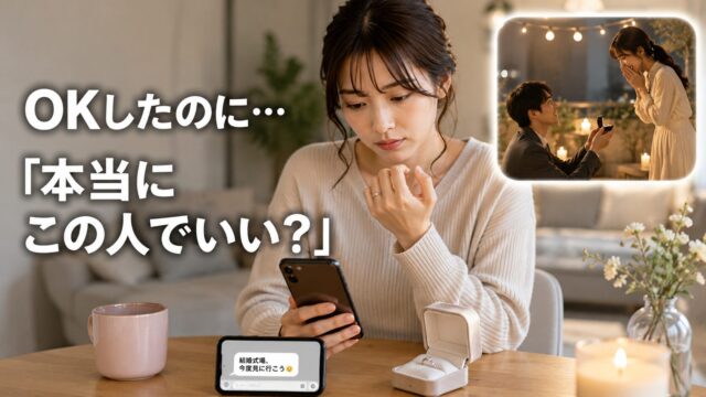 プロポーズを受けた後、婚約指輪を見つめながら「本当にこの人でいいの？」と悩む女性のイメージ
