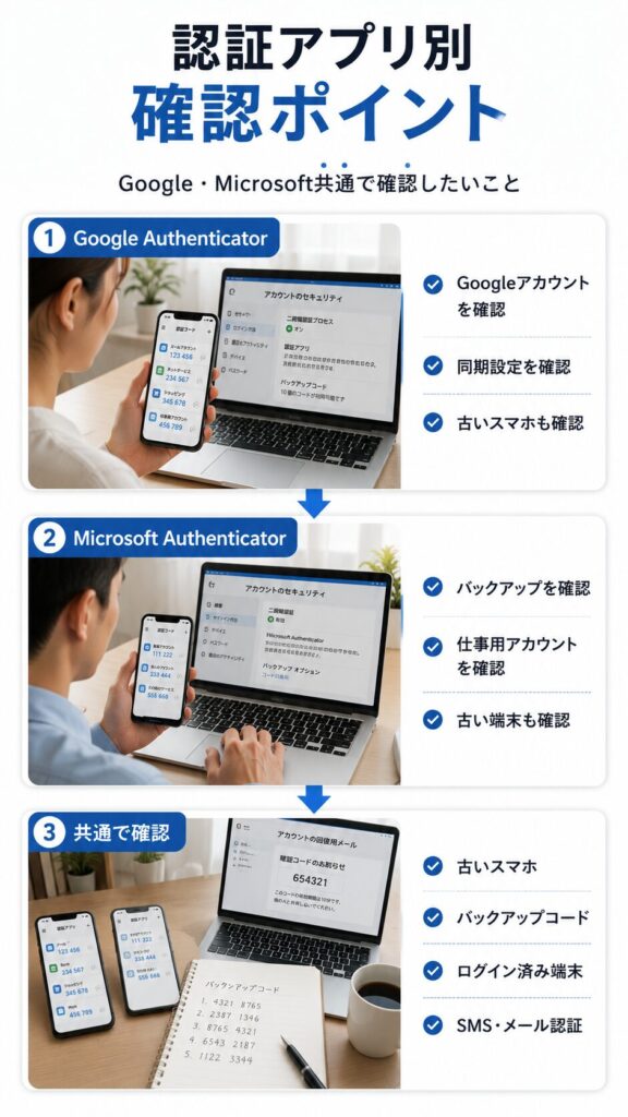 認証アプリ別の確認ポイント