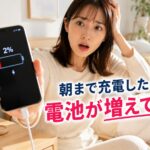 朝、スマホの充電ができてないことに焦る女性