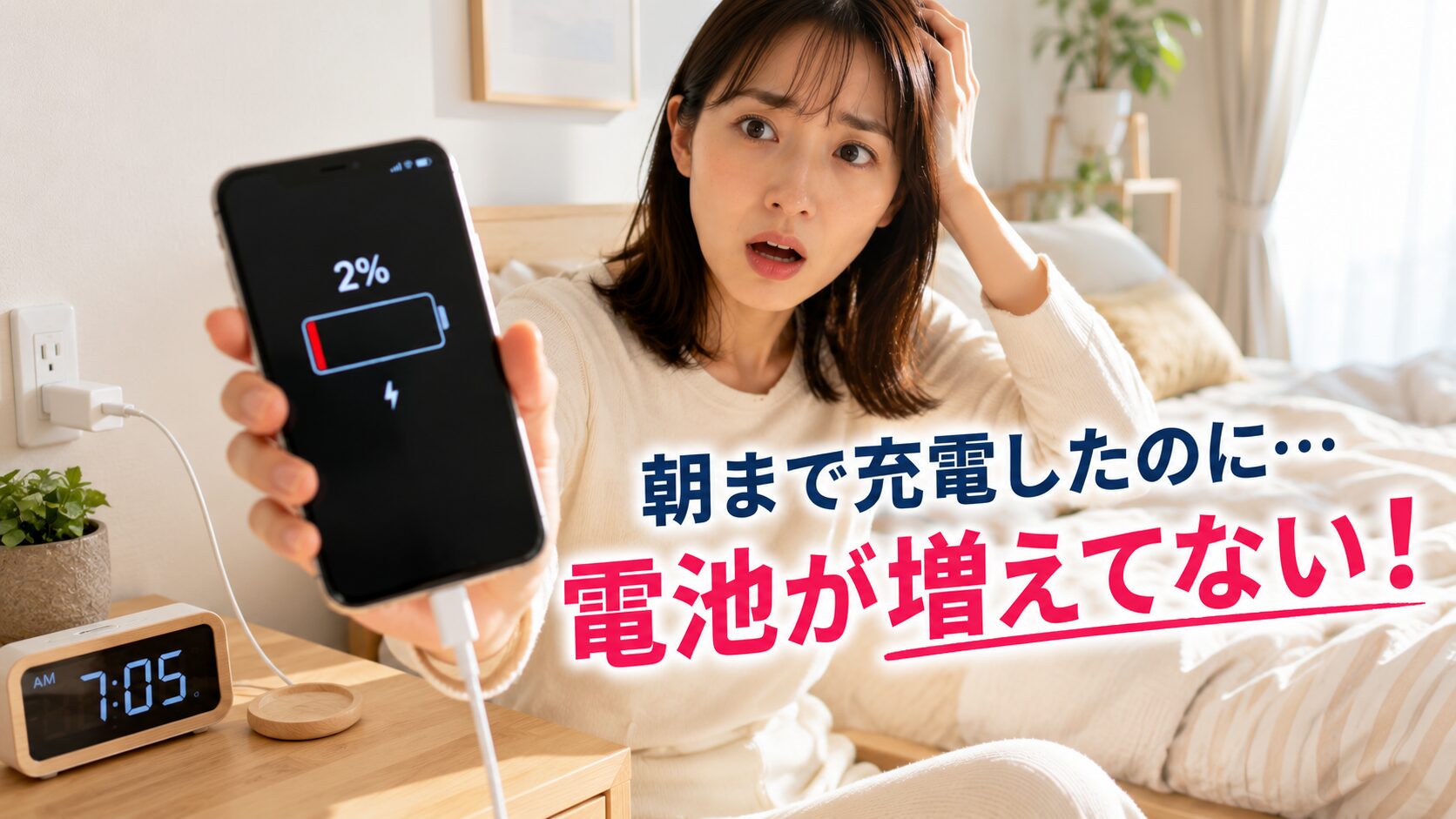 朝、スマホの充電ができてないことに焦る女性