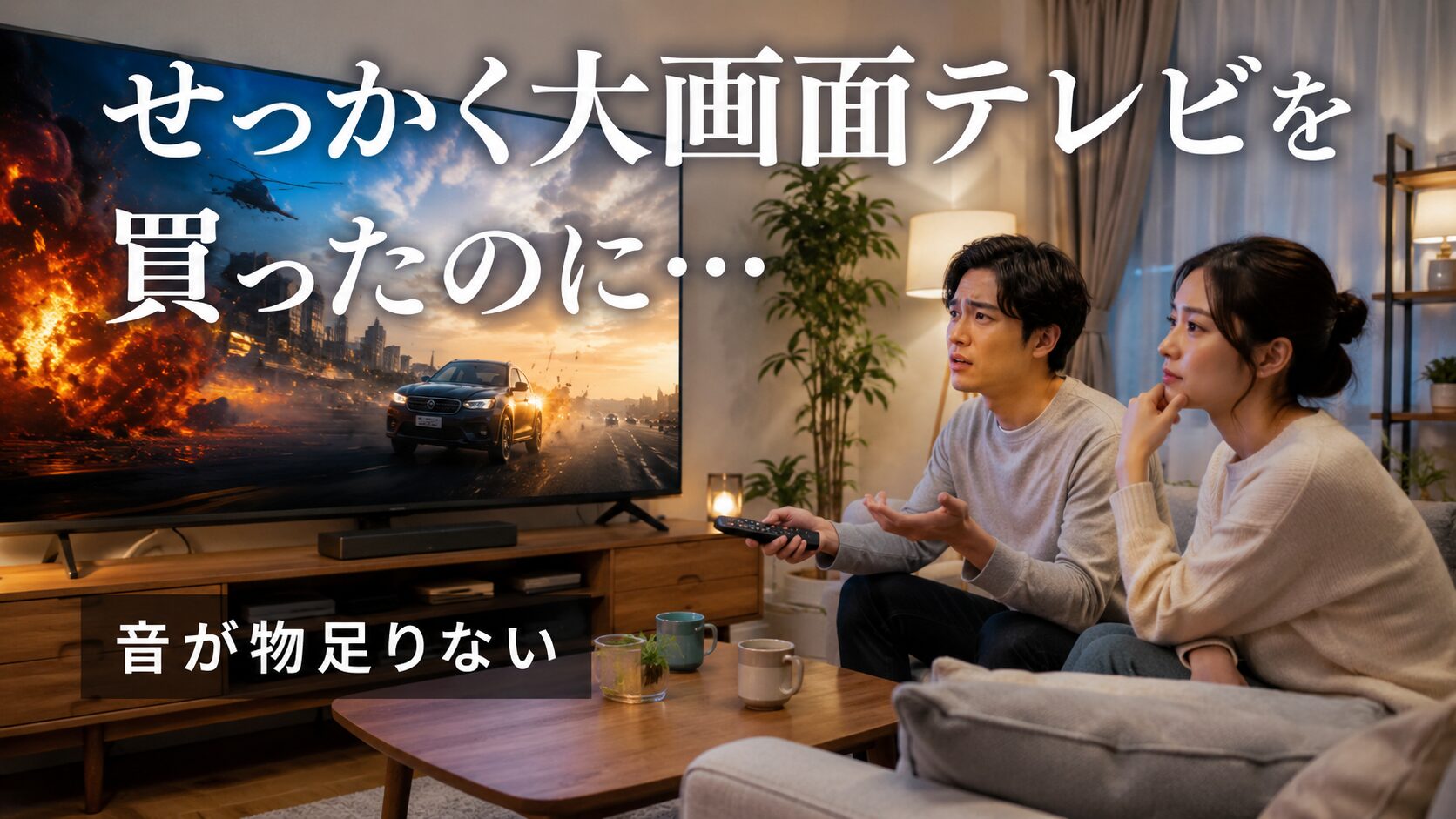 大画面テレビを視聴するが音が物足りない様子の夫婦