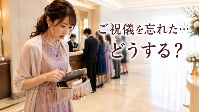 ウェディングの受付エリアでご祝儀袋を忘れて驚く女性